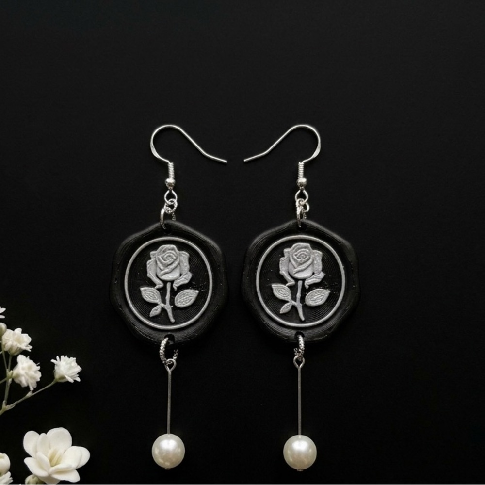 Black & Silver Rose Postage Stamp Earrings with Pearl Drop - Picture 2 of 5
